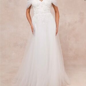 Lulu's White Tulle Off-Shoulder Wedding Dress